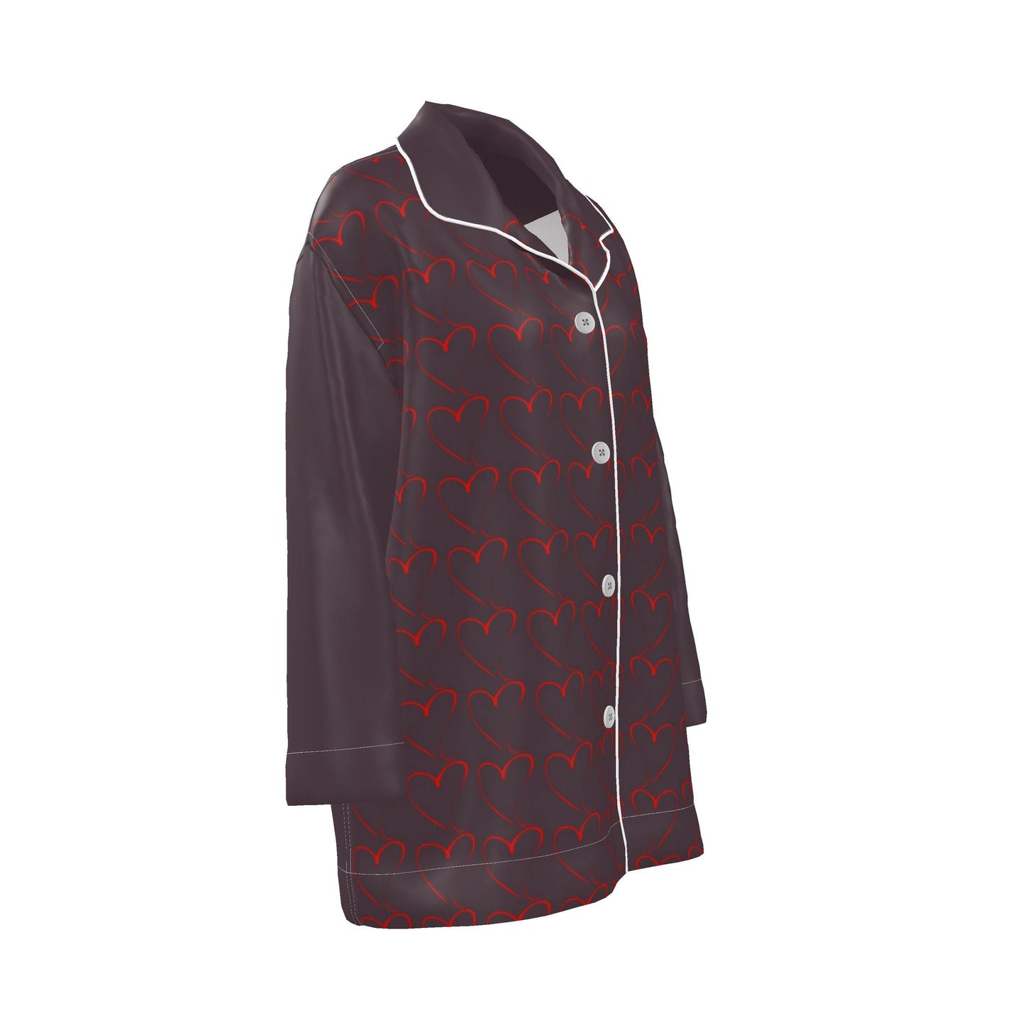 Womens Luxury Heart Pyjama Shirt-Burgundy