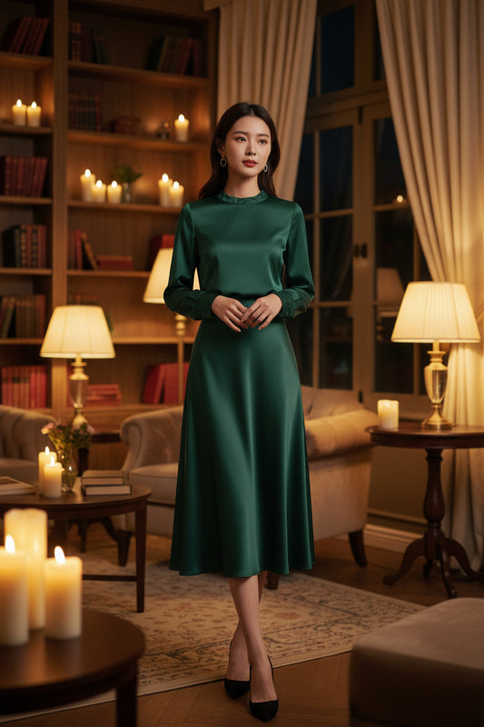 Maison Luna Glow - A-Line Midi Skirt - Emerald Green