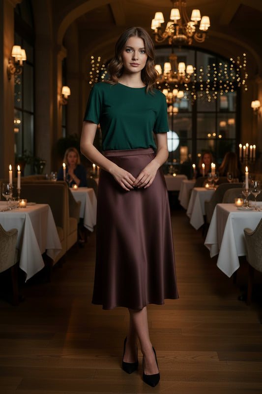 Maison Luna Glow - A-Line Midi Skirt - Burgundy